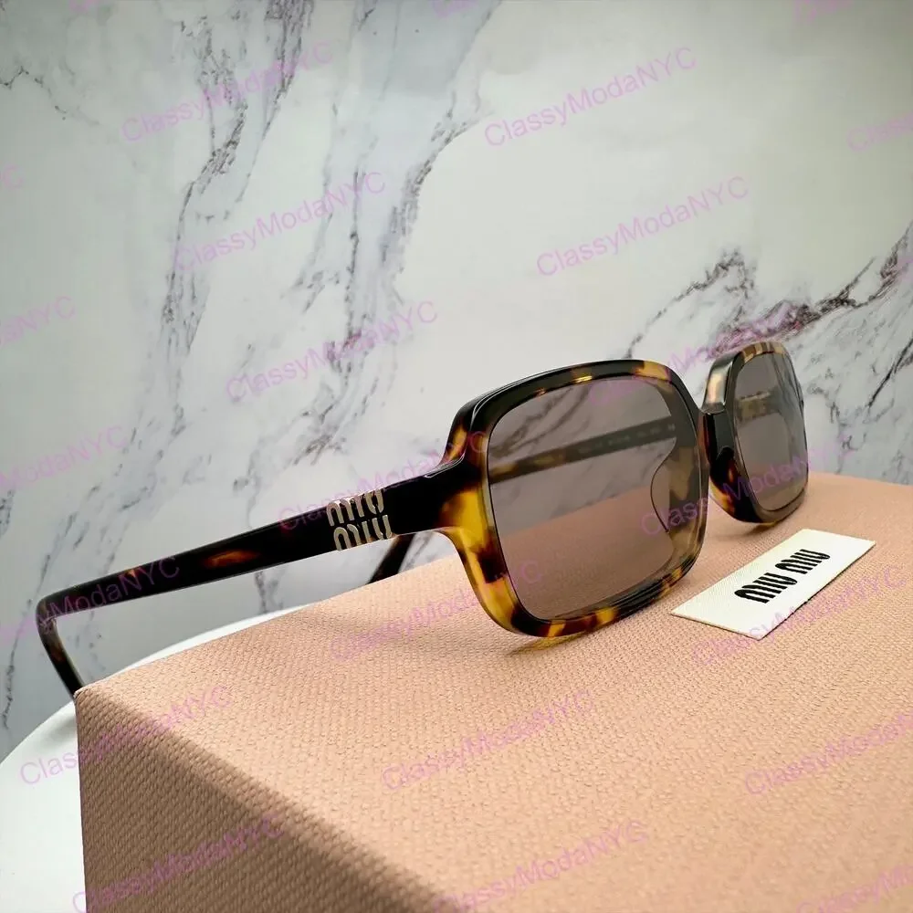 New MIU MIU Sunglasses Brown Square Tortoise Rectangular Gold Logo Authentic